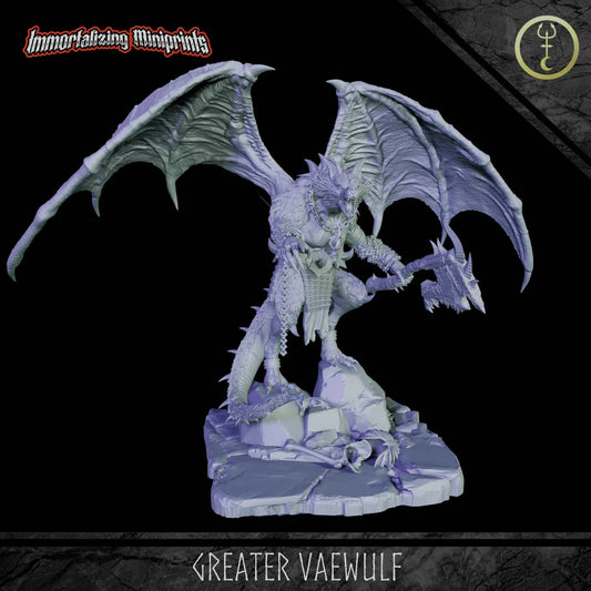 Side view of Greater Vaewulf resin miniature showing full wingspan and armored tail.