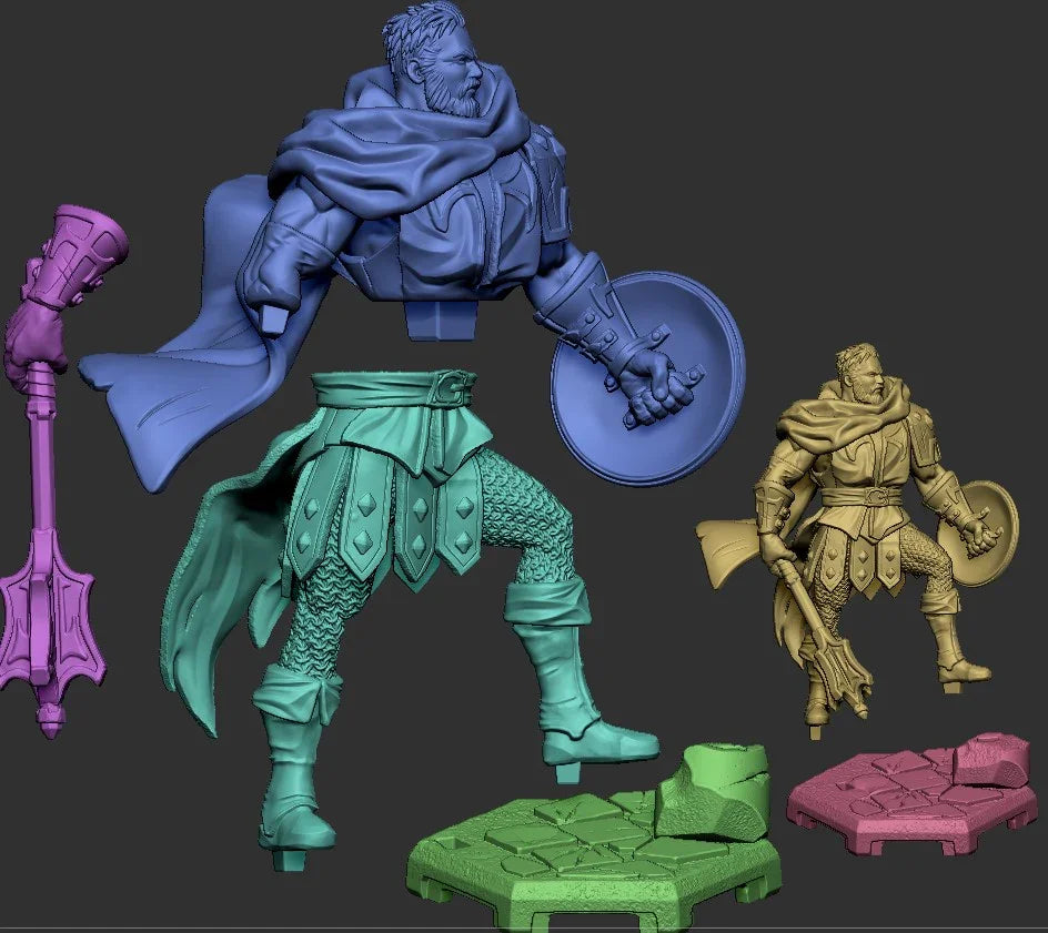 Unassembled 75mm, and 32mm Greldon resin parts with scenic bases