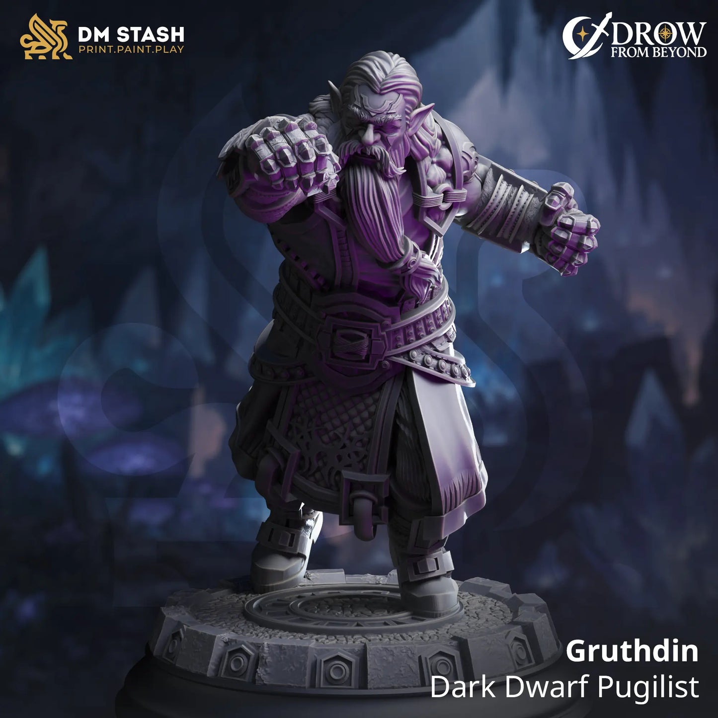 Gruthdin – dark dwarf resin miniature in pugilist stance with bracers and beard, printed for D&D and fantasy tabletop RPG campaigns