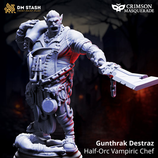 Gunthrak Destraz Half-Orc Vampiric Chef resin miniature, brutal vampire orc with oversized cleaver – gothic TTRPG boss villain