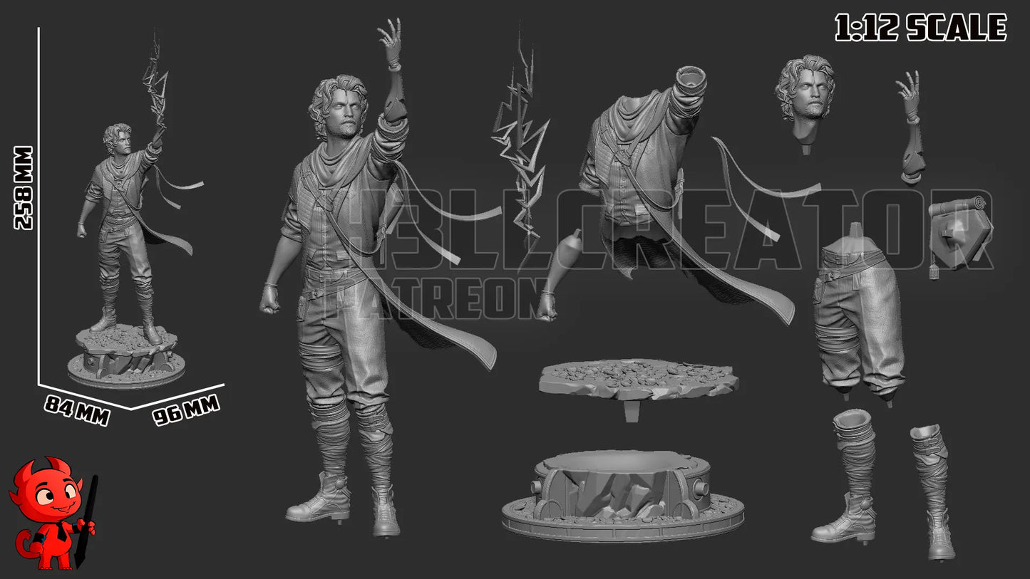 Statue imensions and exploded view of the 1:12 variant of Gustave statue and bust fan art from Clair Obscur: Expedition 33 – 3D printed resin figure in spellcasting pose with lightning and detailed clothing.
