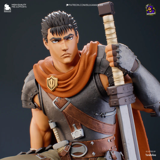Digital render of a close-up of Guts Berserk resin fan art figure 3D printed with sword, cape, and cliff base – anime collectible statue