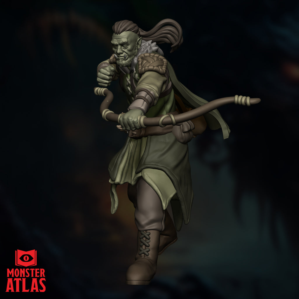 Angle left view of the Half-Orc Ranger showing the quiver, cloak texture, and fur-lined boots.