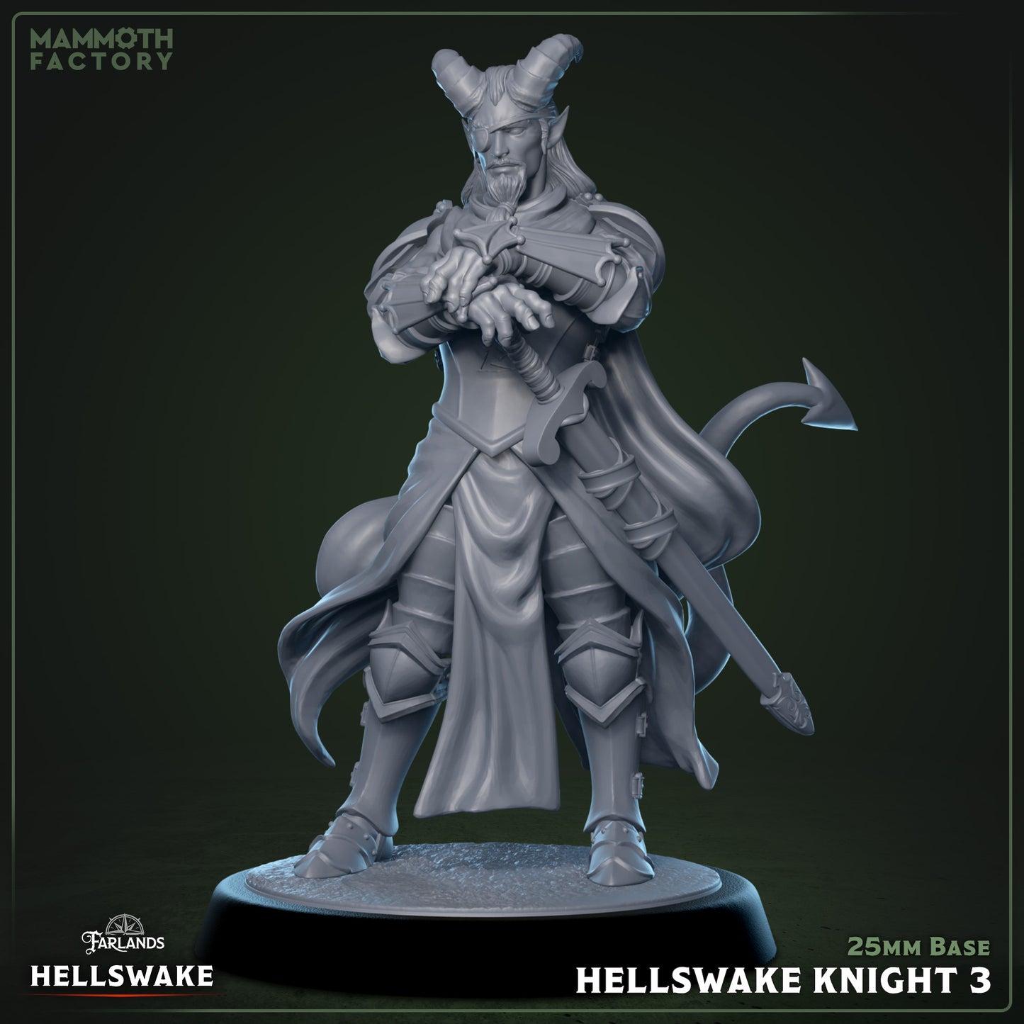 Hellswake Knights 3D printed resin miniatures on 25 mm bases, 32 mm scale infernal warriors for tabletop RPGs or painting.