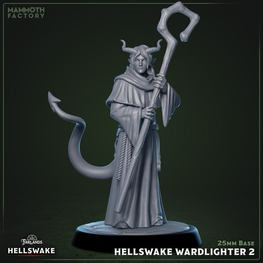 Hellswake Wardlighters resin miniatures on 25 mm bases — three infernal priest figures with staffs and robes for tabletop RPGs.