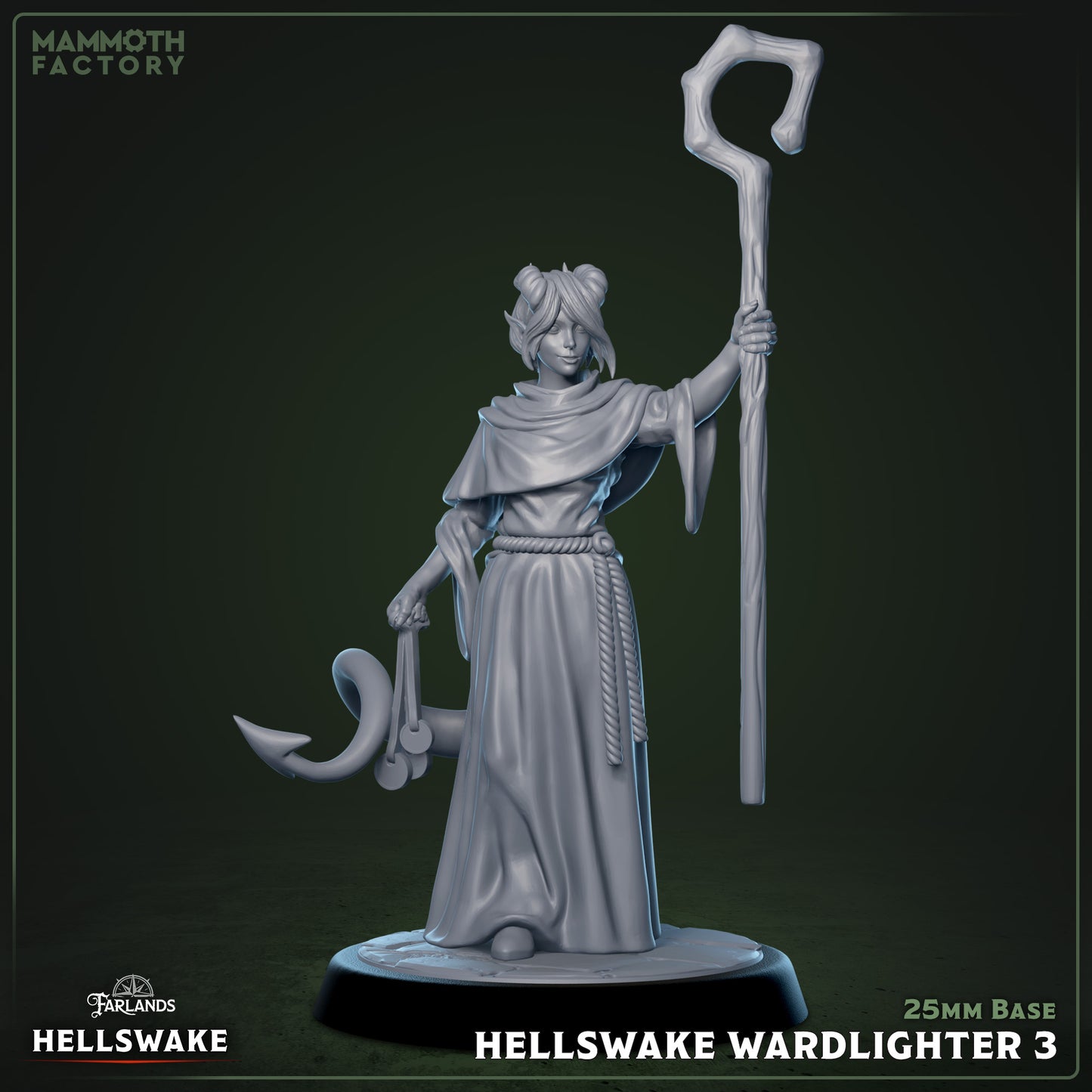 Hellswake Wardlighters resin miniatures on 25 mm bases — three infernal priest figures with staffs and robes for tabletop RPGs.