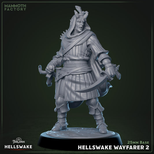 Hellswake Wayfarers resin miniatures on 25 mm bases — three infernal warriors with twin blades, ideal for TTRPG or painting display.