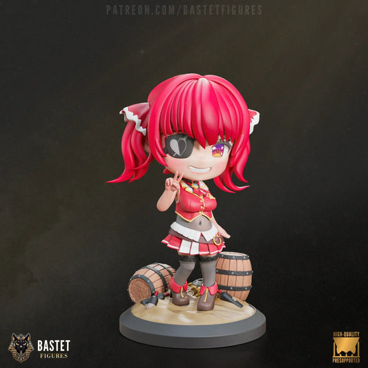 Left profile of painted chibi statue featuring her signature pose