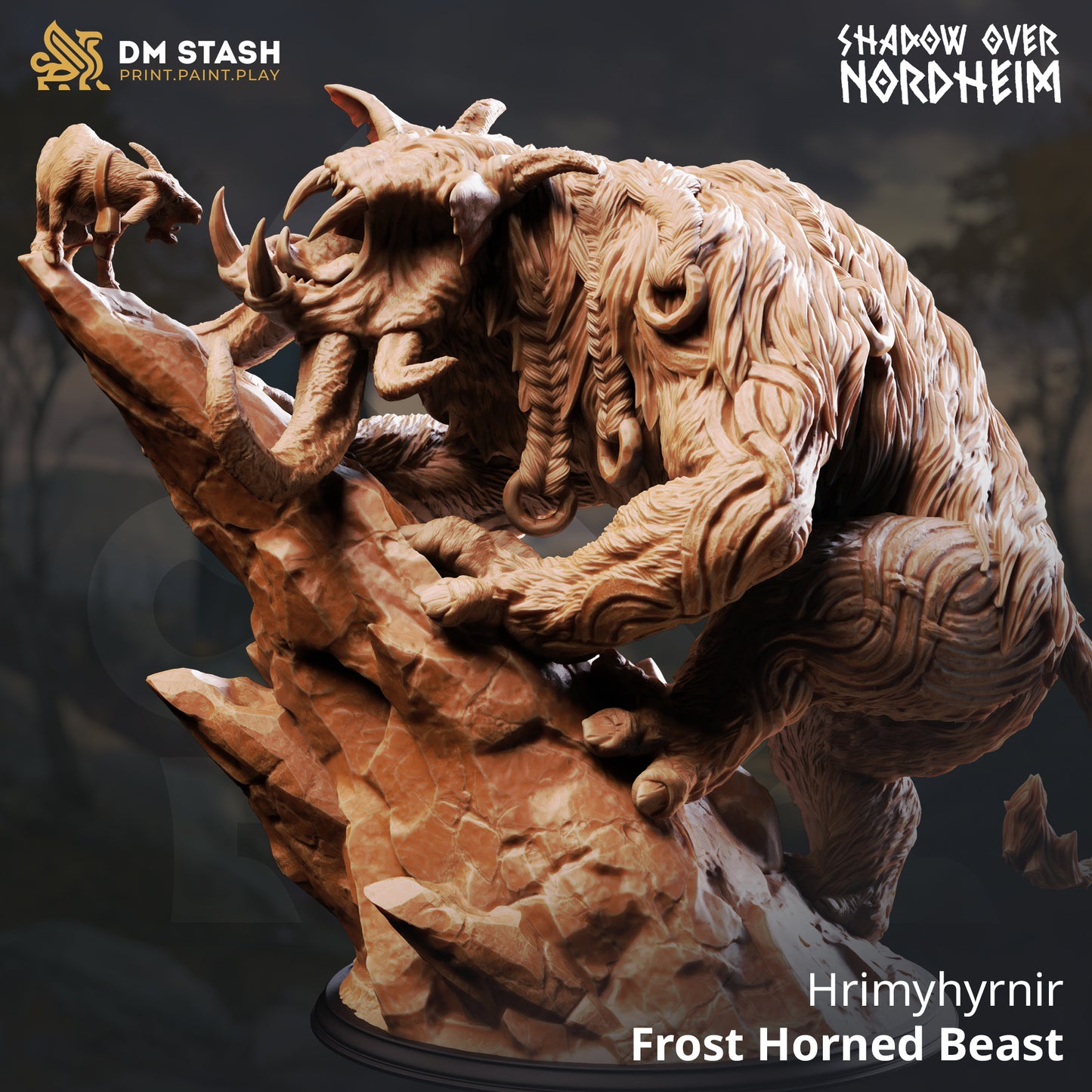 Hrimyhyrnir Frost Horned Beast huge 32mm scale resin miniature featuring a horned ice creature climbing a rocky base, printed by D&K Custom Prints.