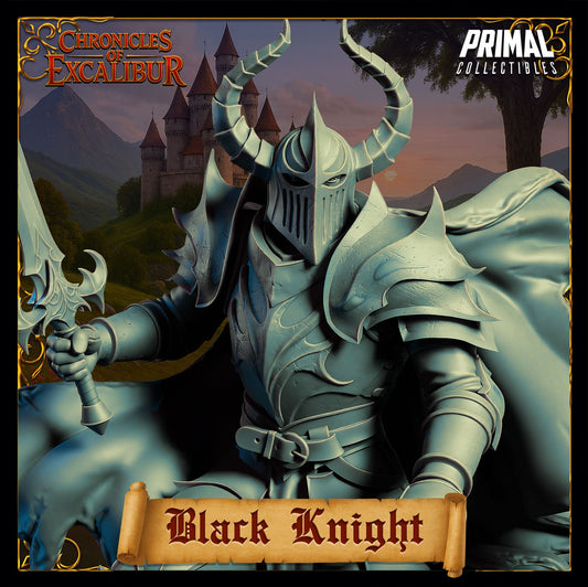 Black Knight dark fantasy armored boss miniature with flowing cape for tabletop RPGs