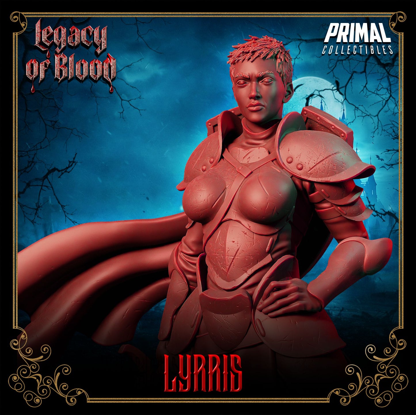 Lyrris resin 3D printed paladin miniature from Legacy of Blood, detailed armor and scenic base, perfect RPG hero or display piece.