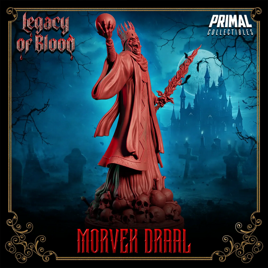 3D printed Morvek Draal miniature – undead darklord king with crown and flaming sword for tabletop RPG or display
