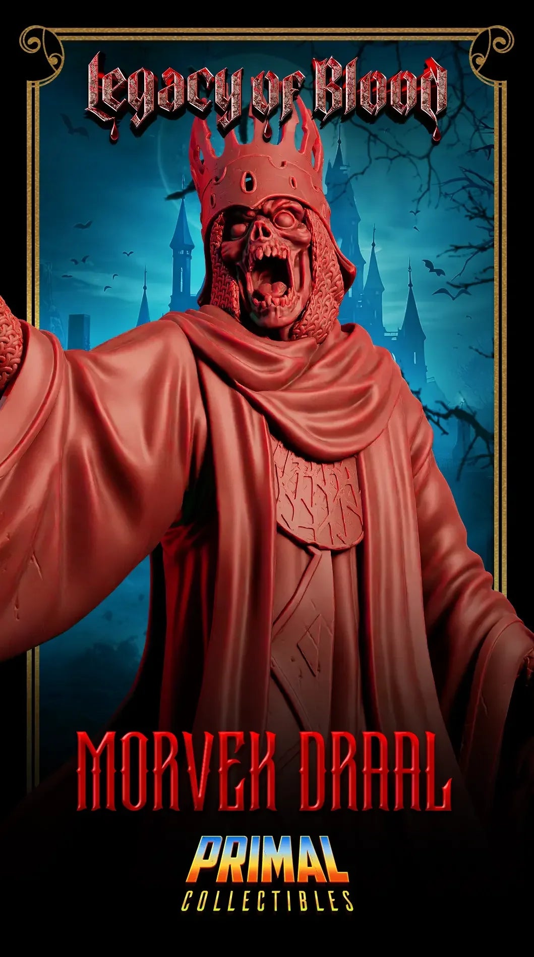 3D printed Morvek Draal miniature – undead darklord king with crown and flaming sword for tabletop RPG or display