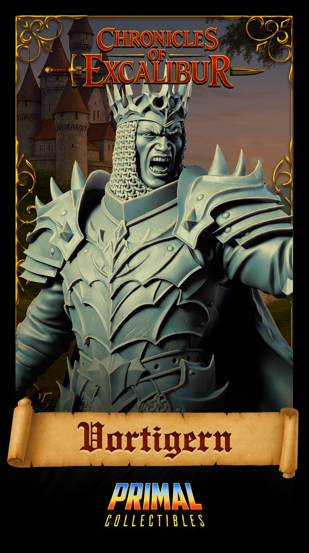 King Vortigern resin miniature close up portrait showing crown and chainmail