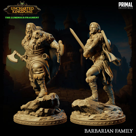 Resin miniatures of Kara and Fegur, barbarian champions available in 32mm and 75mm scales for TTRPGs and collectors.