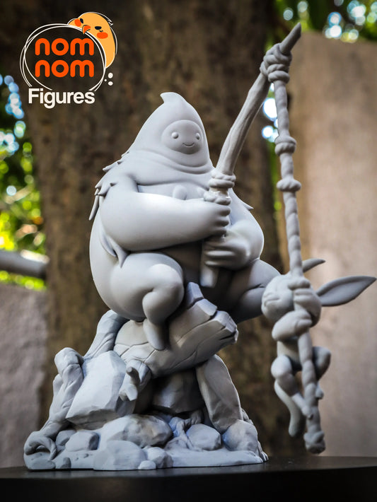 Nom Nom Figures Chibi Scale Fishing Creature Statue with Companion, 116mm tall, unpainted resin collectible.