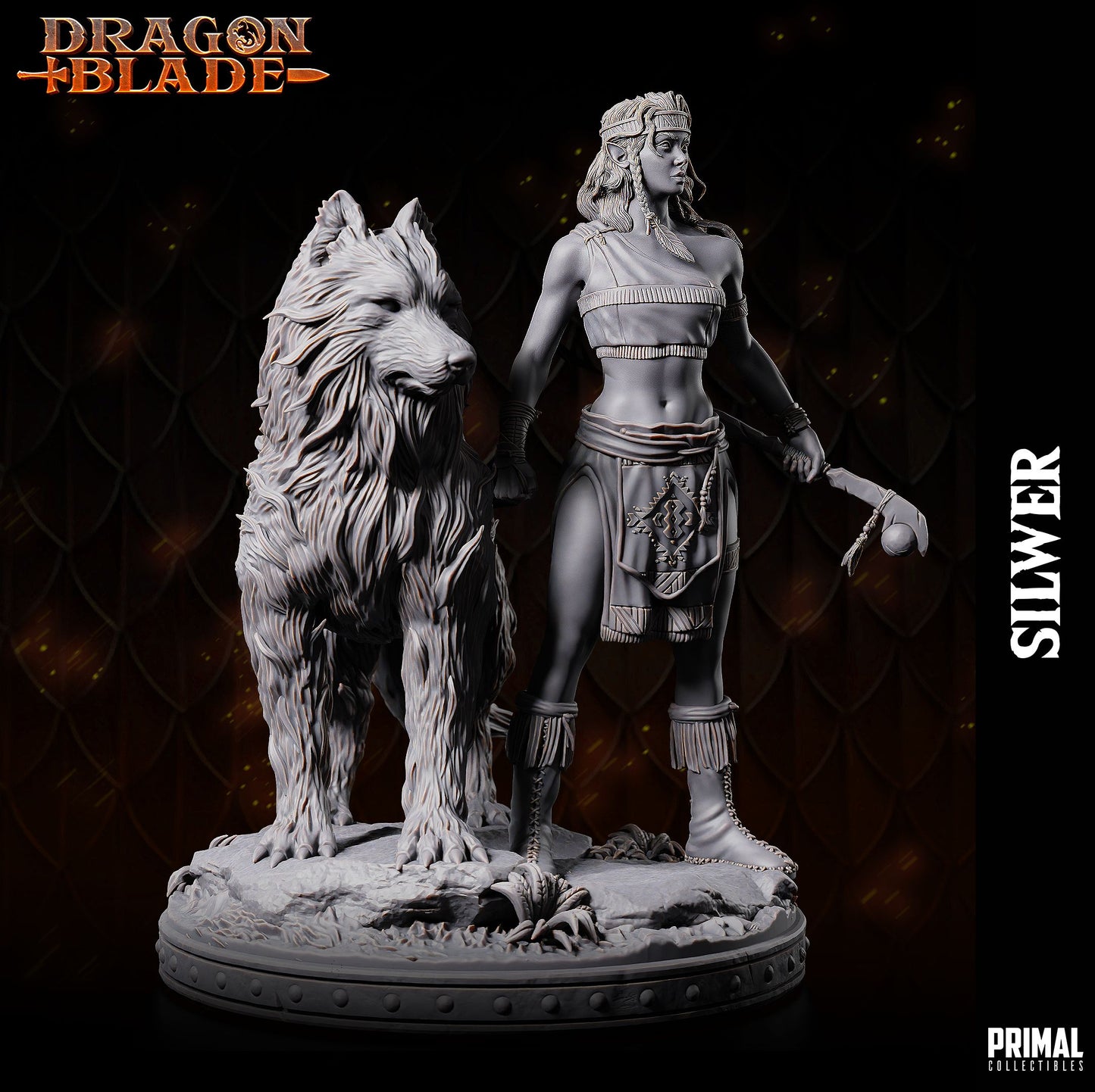 Statue of a warrior with a wolf and 'Dragon Blade' branding on a dark background