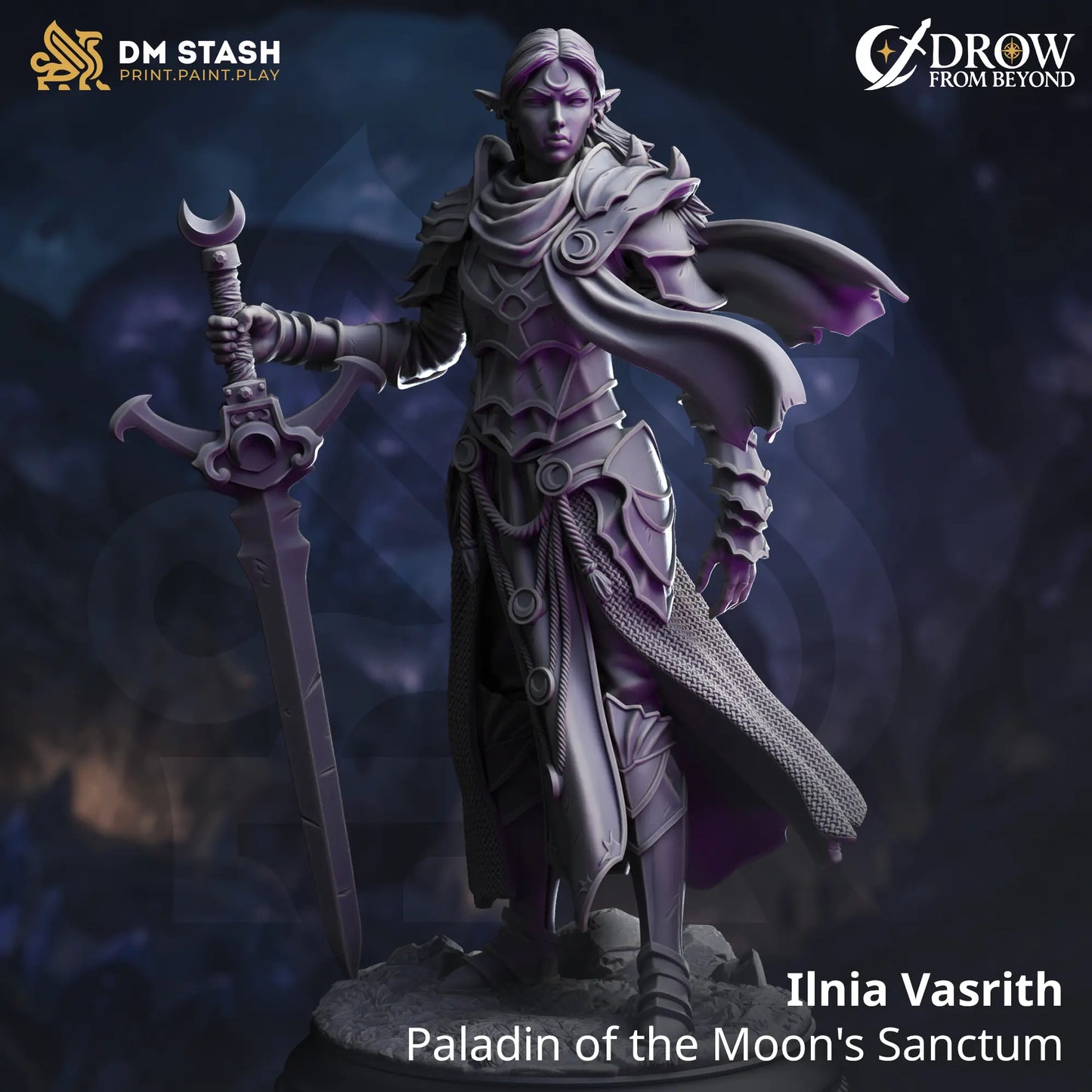 Ilnia Vasrith – drow paladin resin miniature with lunar sword and detailed armor, perfect for fantasy tabletop RPGs and display collectors