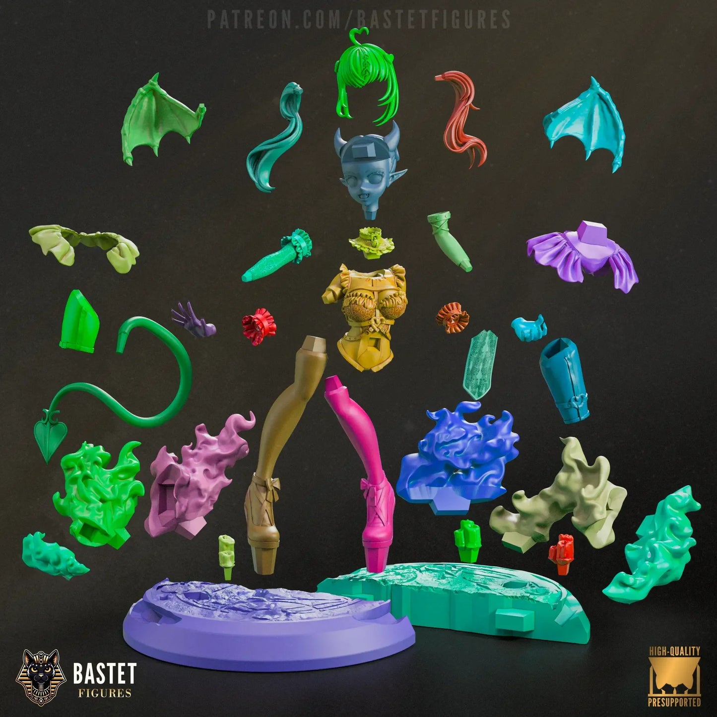 Exploded view of Ironmouse figurine showing all colorful 3D printed parts – Bastet Figures anime succubus model kit
