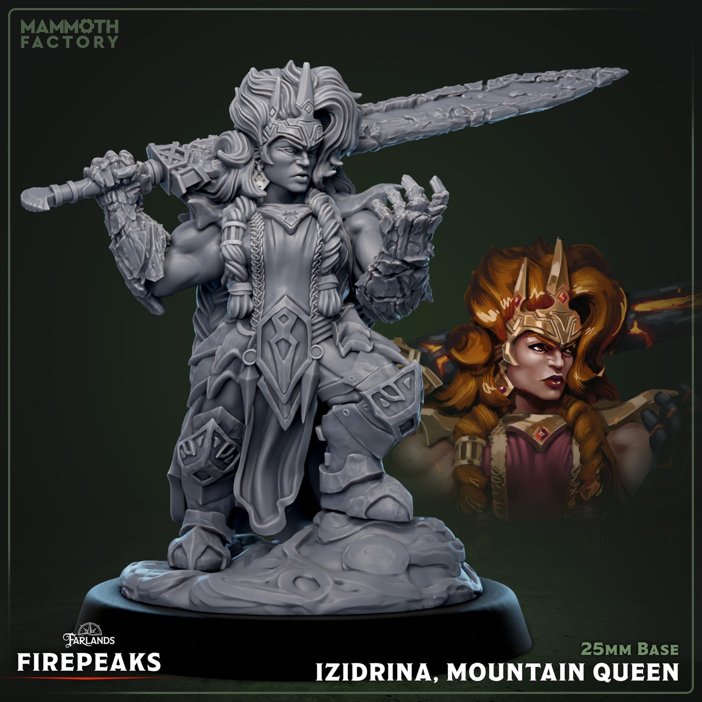 Izidrina Mountain Queen resin miniature with sword and detailed armor on 25 mm base for TTRPGs