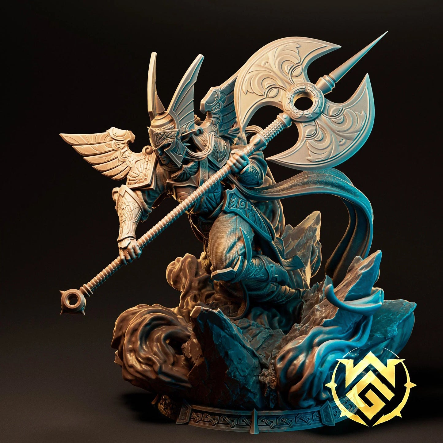 Full figure of Keltria, God's Wrath in a dynamic attack pose with double-bladed axe and swirling terrain base.