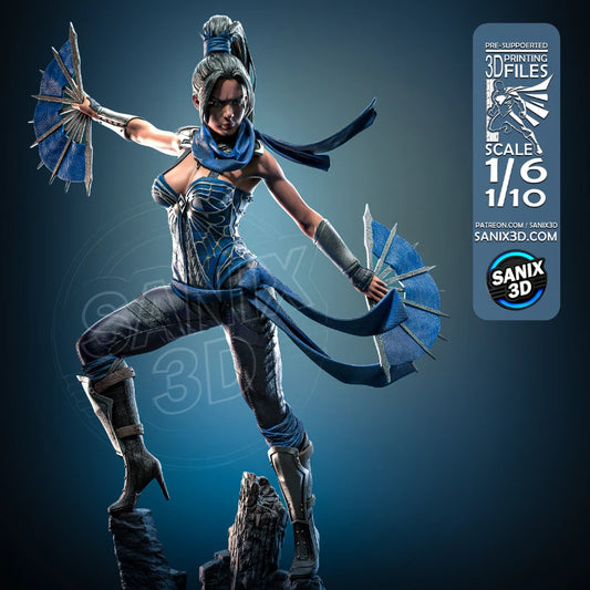 Premium Kitana resin statue by SANIX3D in a dynamic combat pose with blue war fans.