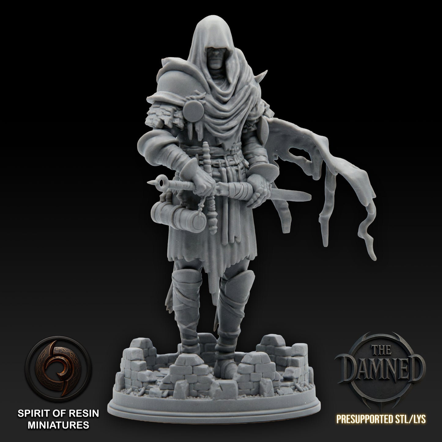 Lazarus the Reborn Knight undead resin miniature with hooded armor and sword on scenic base