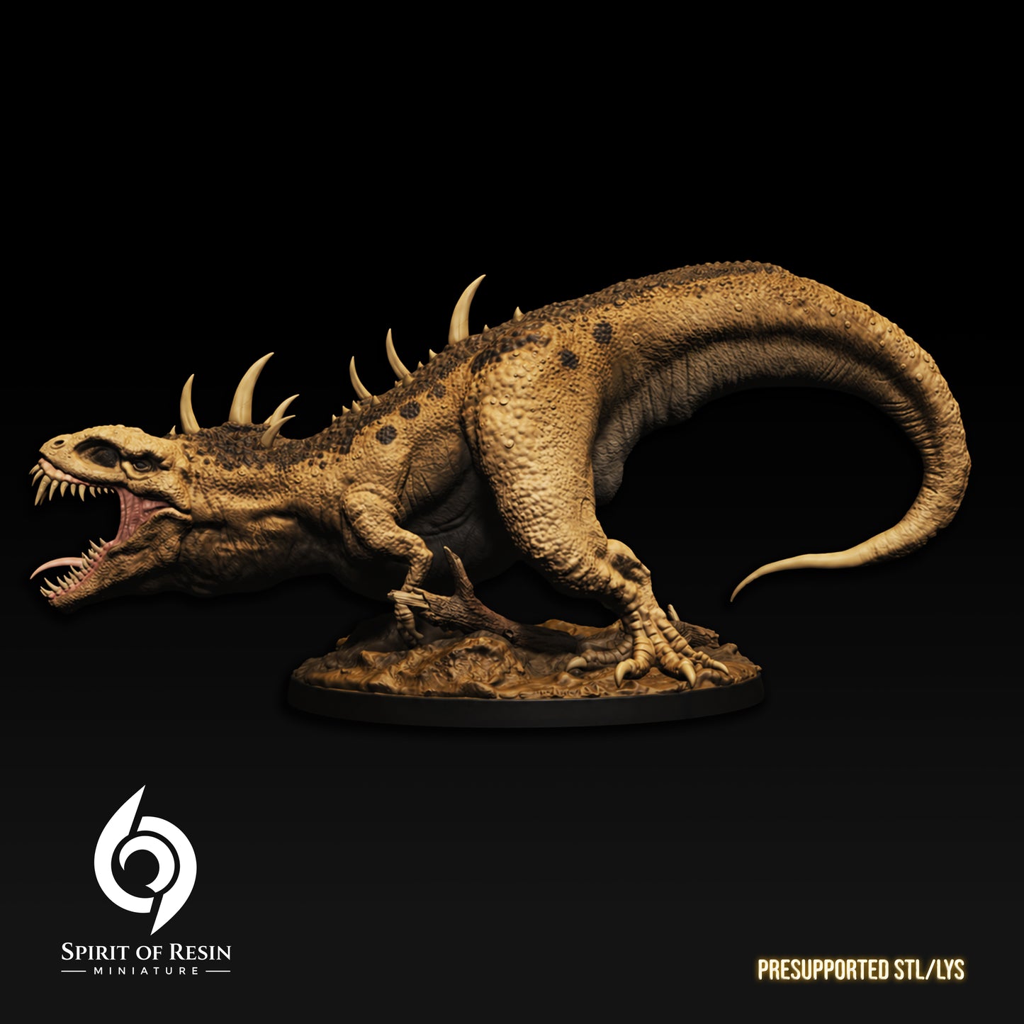 Side profile of the Deformed Rex by Spirit of Resin Miniatures, showing the full length of the 3-piece kit including the thick, muscular tail and textured reptilian hide.