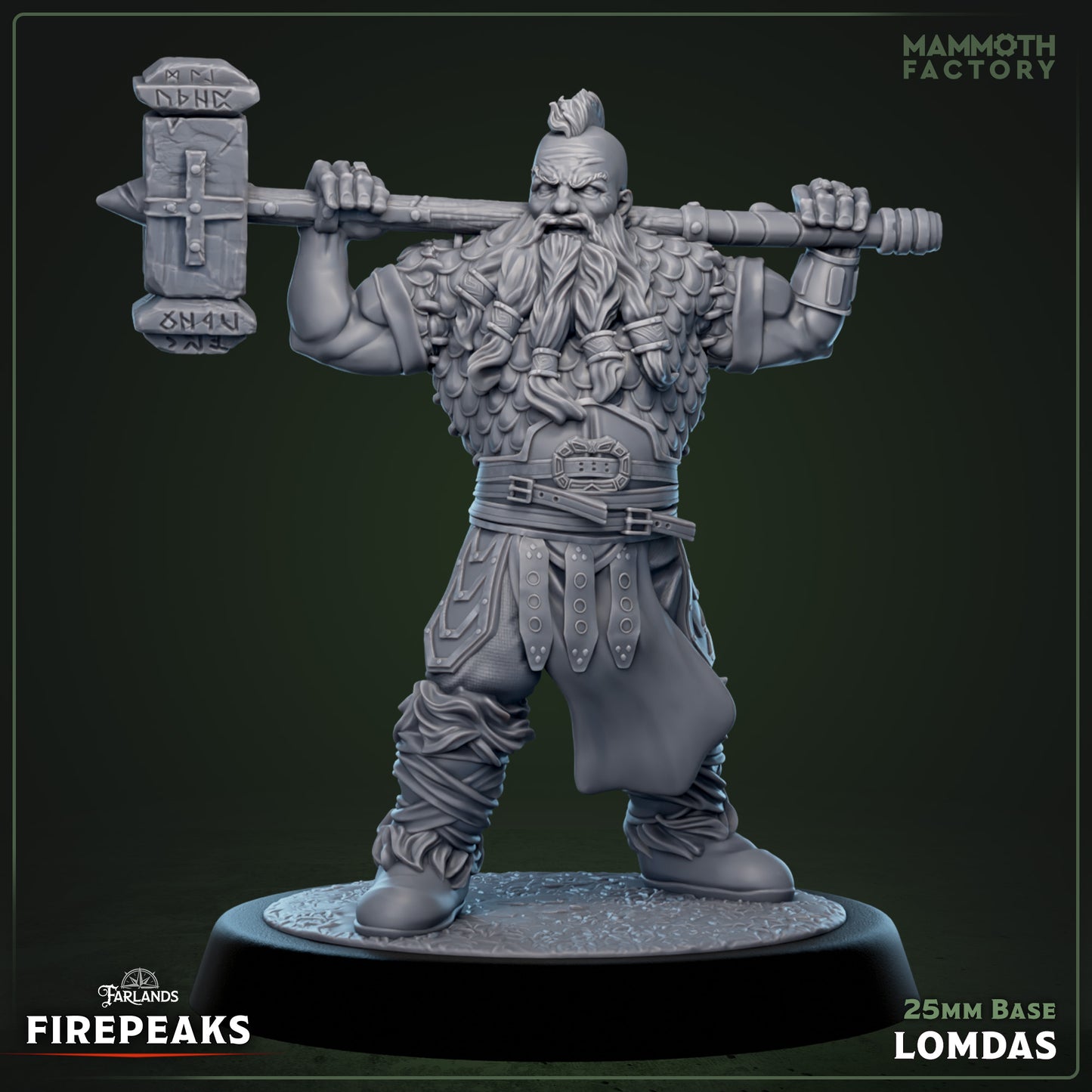 Lomdas dwarf resin miniature holding a large warhammer on 25 mm base for tabletop RPGs