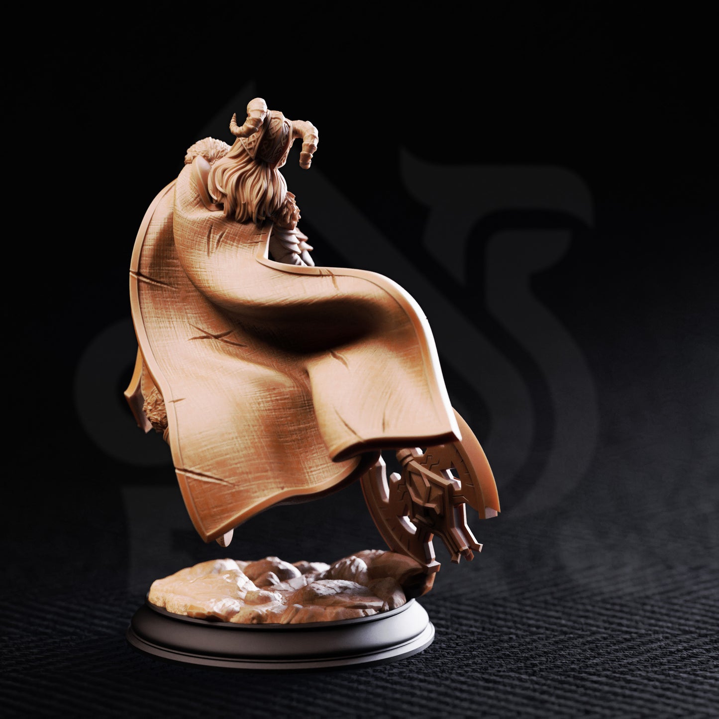 Lotte Maiden of Trickery resin miniature featuring a cloaked female warrior mid-leap with an ornate axe, available in 32mm and 75mm scales from D&K Custom Prints.