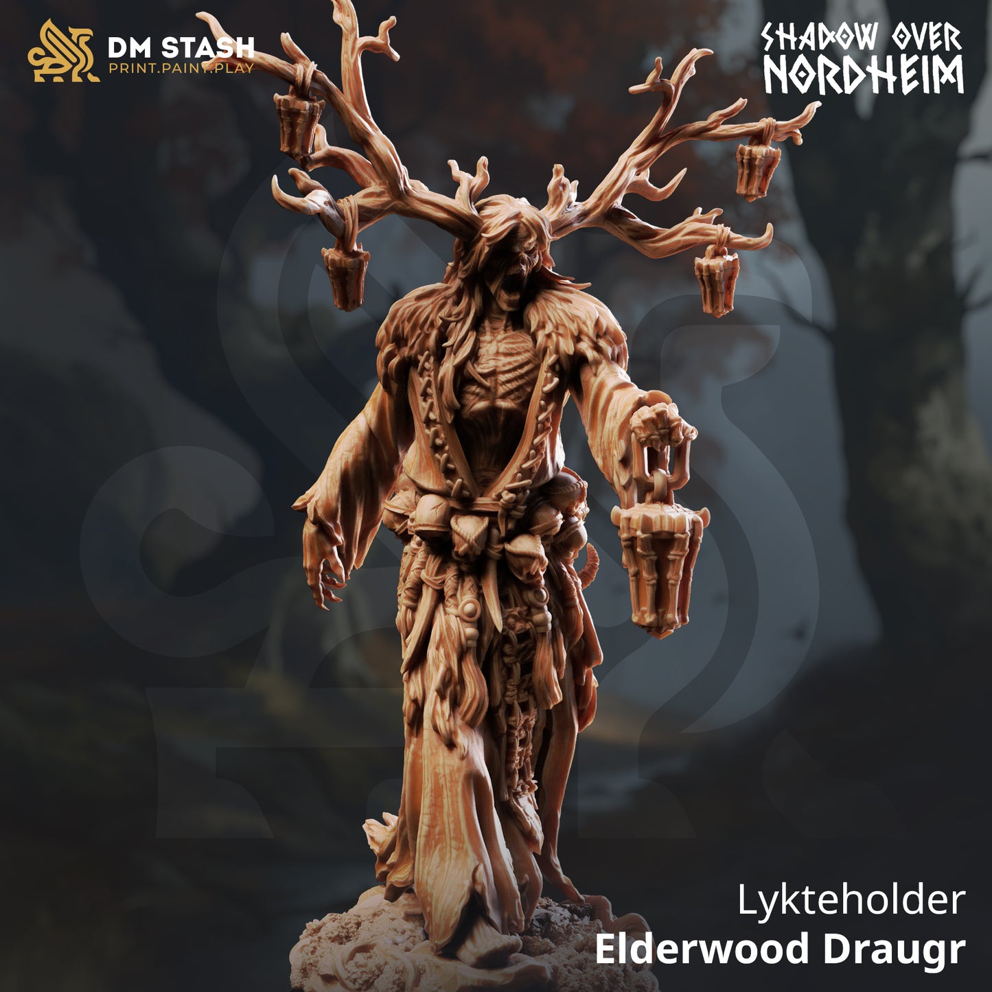 Lykteholder Elderwood Draugr resin miniature featuring an undead forest spirit with antler lanterns, available in 32mm and 75mm scales from D&K Custom Prints.