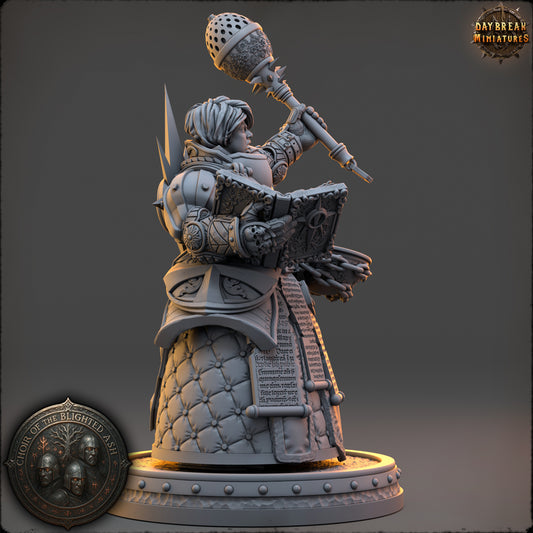 Magistra Calith Morgayne Preceptor of the Blighted Ash resin miniature by Daybreak Miniatures holding censer and holy book | D&K Custom Prints