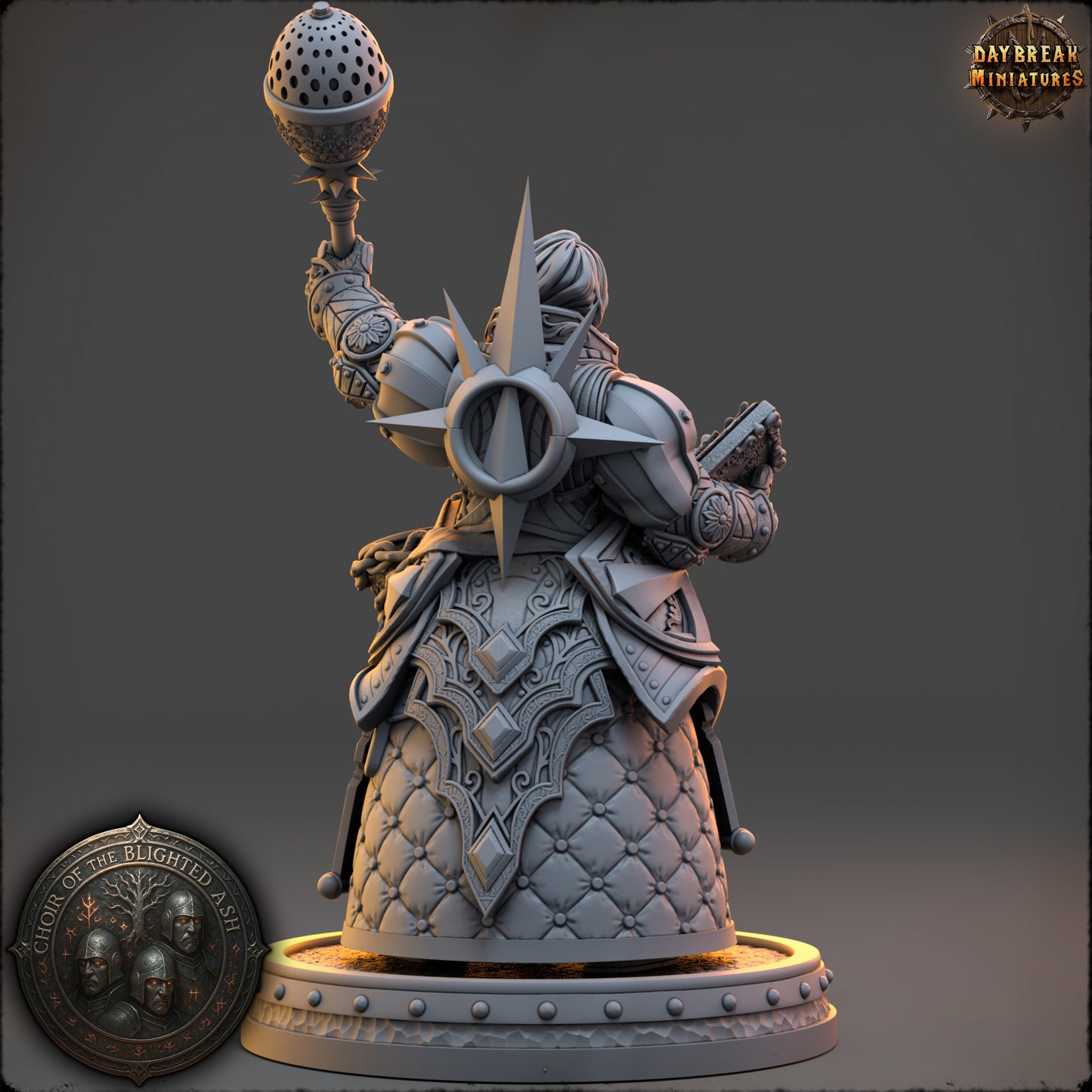 Magistra Calith Morgayne Preceptor of the Blighted Ash resin miniature by Daybreak Miniatures holding censer and holy book | D&K Custom Prints