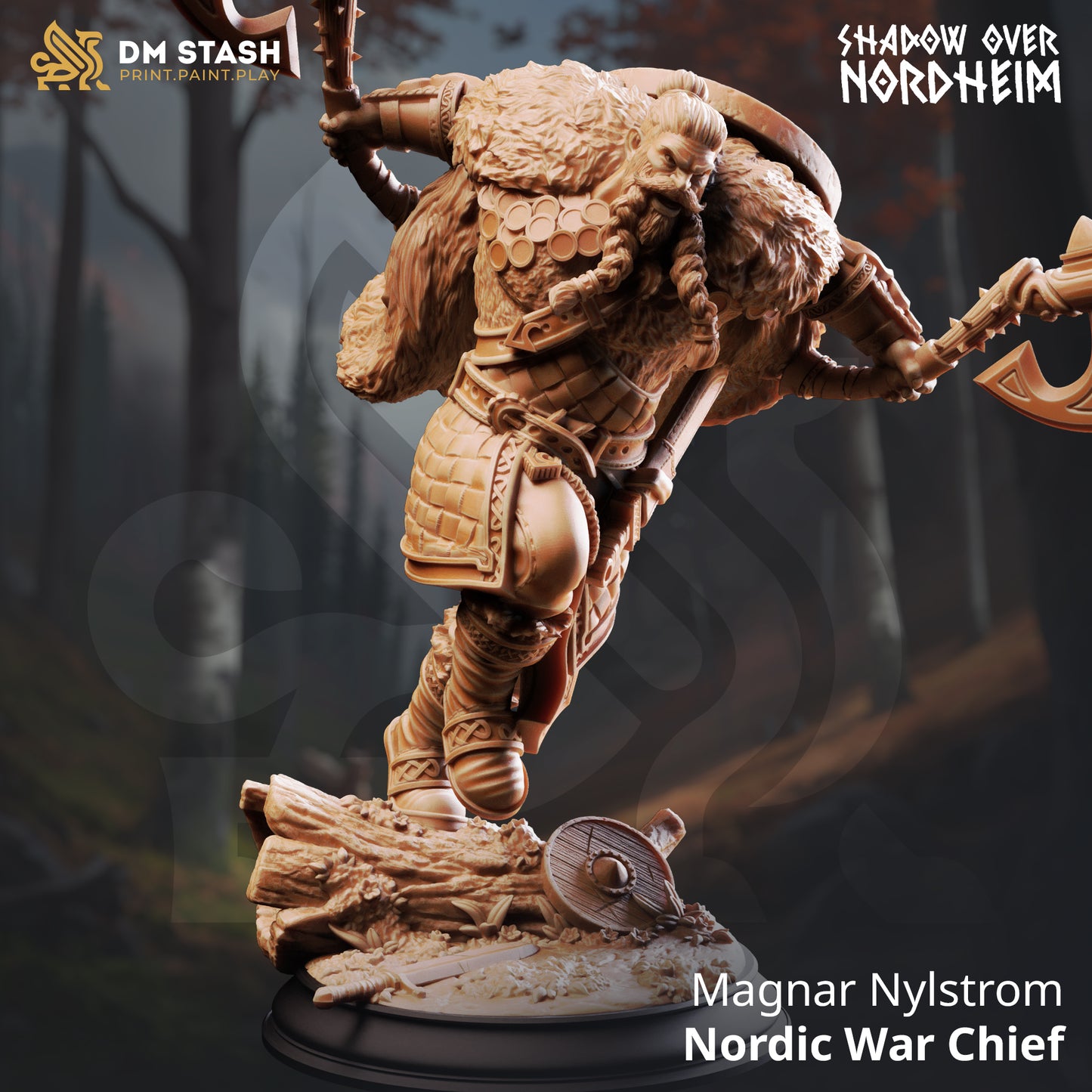 Magnar Nylstrom Nordic War Chief resin miniature featuring a Viking-style warrior wielding dual axes, available in 32mm and 75mm scales from D&K Custom Prints.