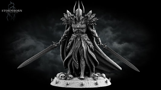 Malakar, Lord of the Death Realm resin miniature with dual swords, skull base, and spiked armor – 3D printed by D&K Custom Prints