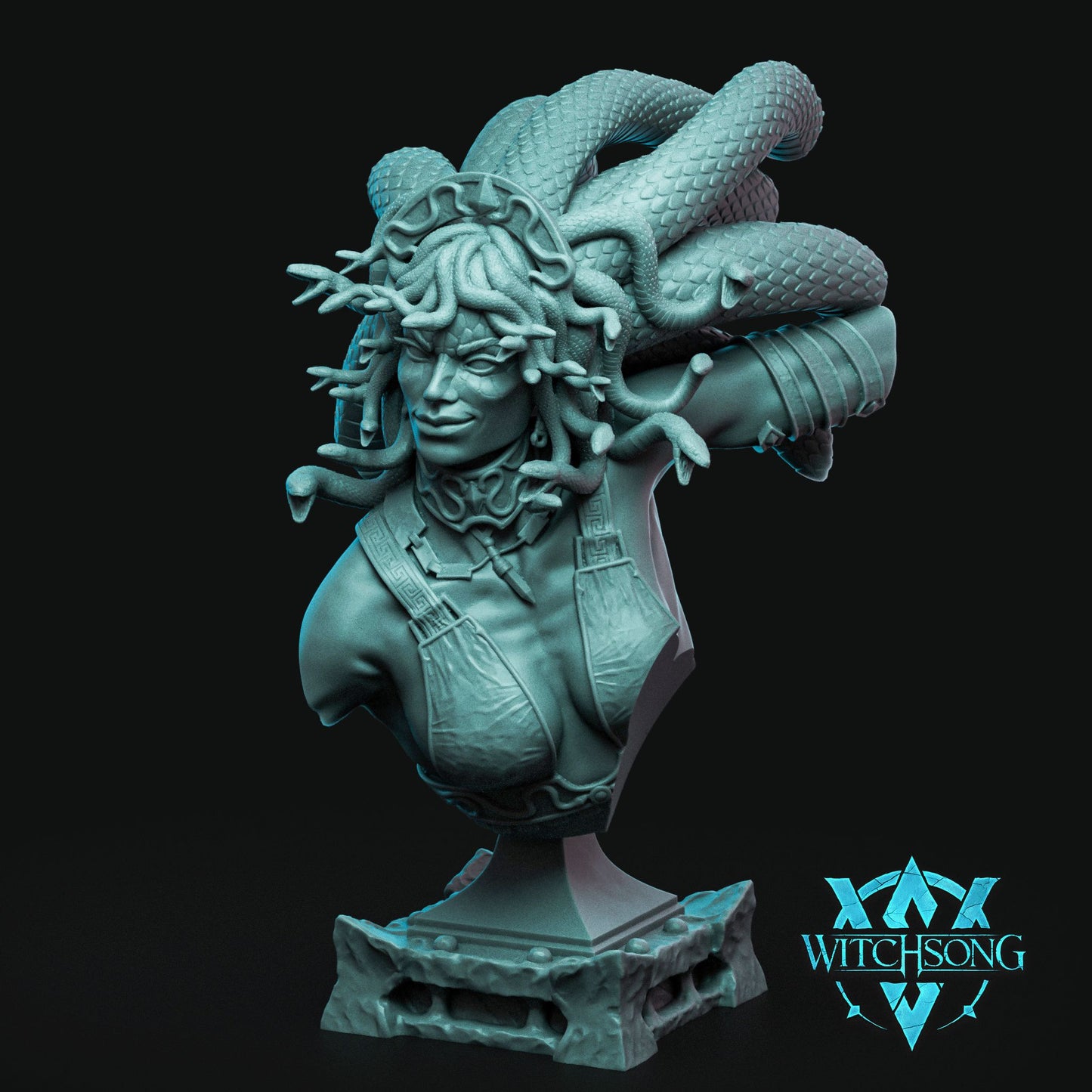 Teal bust sculpture of a character with snakes on a black background, featuring the 'Witchesong' logo.