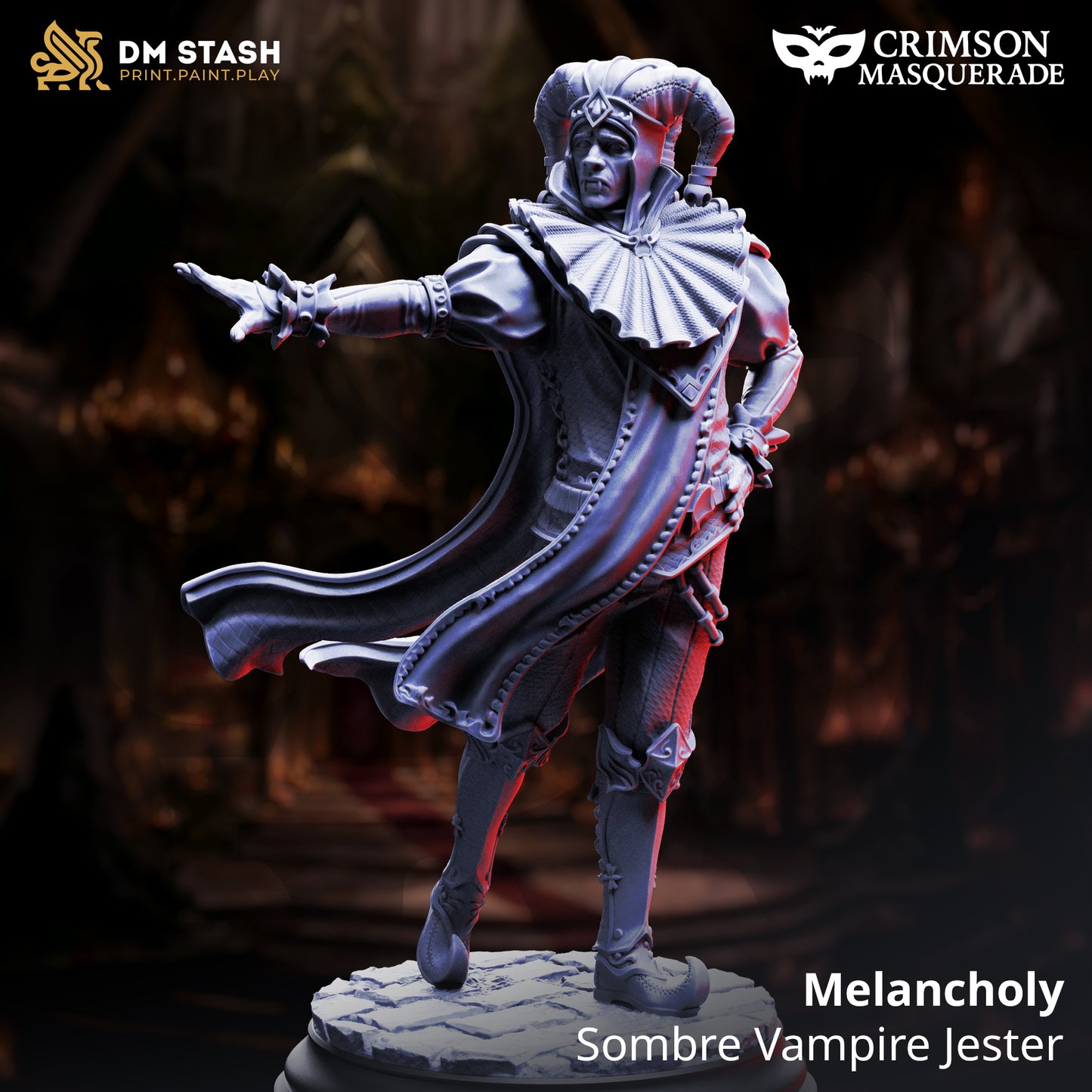Melancholy vampire jester resin miniature – 3D printed for tabletop RPGs and collectors
