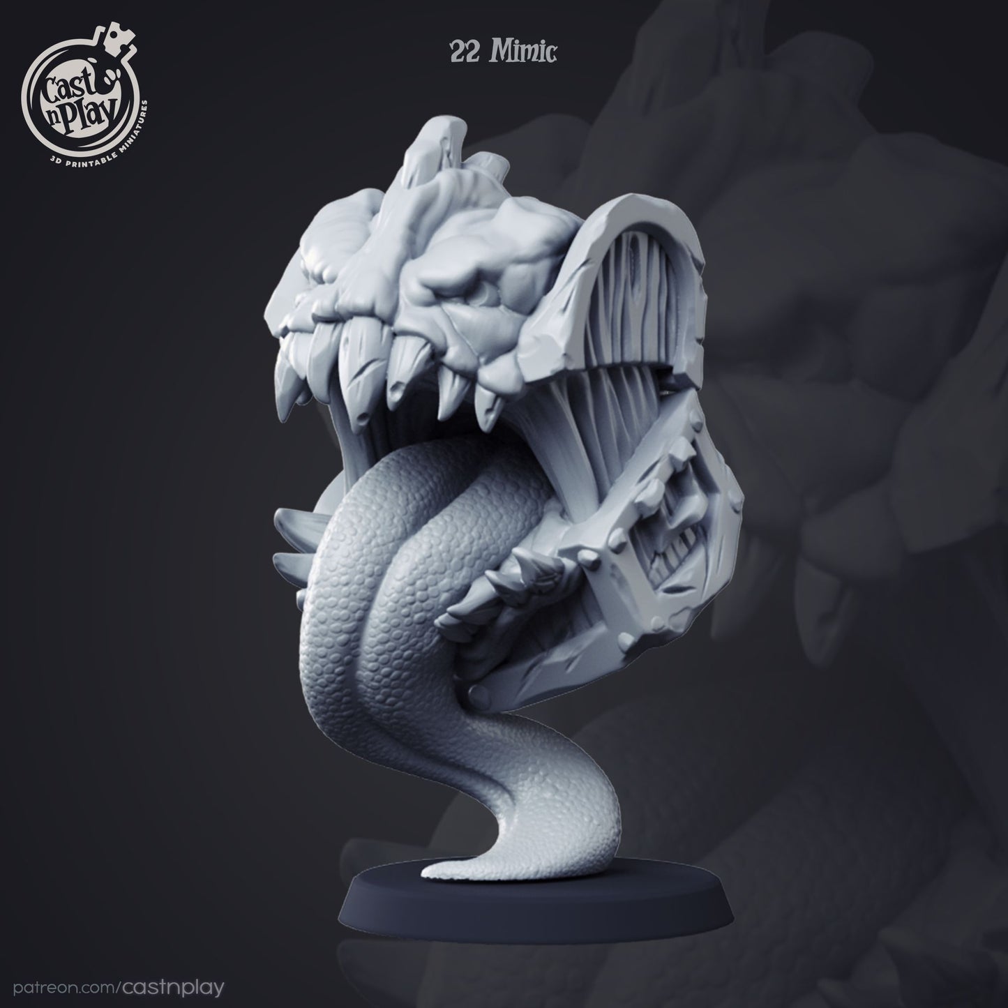 Mimic Chest resin miniature with open jaws and extended tongue in 32mm scale