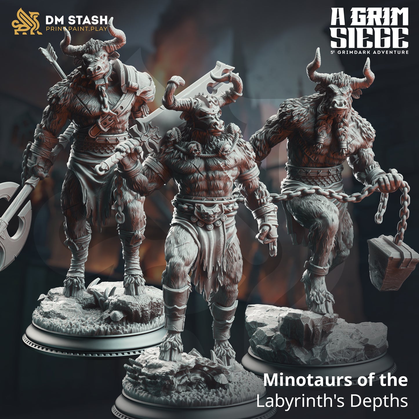 Minotaurs of the Labyrinth’s Depths resin miniatures, 32mm scale figures for D&D and TTRPGs, wielding axes, chains, and weapons on scenic bases.