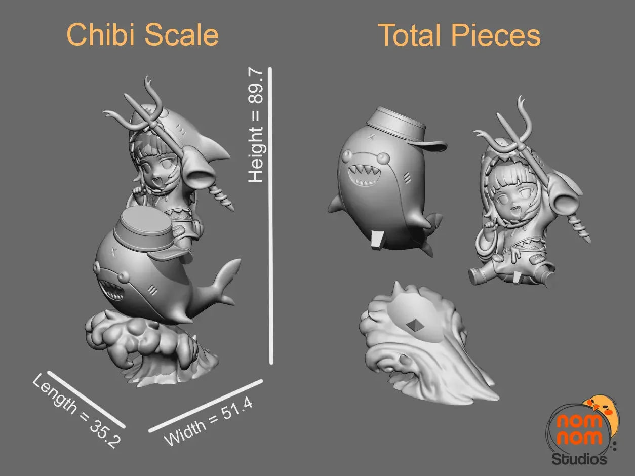 Chibi Gawr Gura figure showing model scale dimensions and total pieces