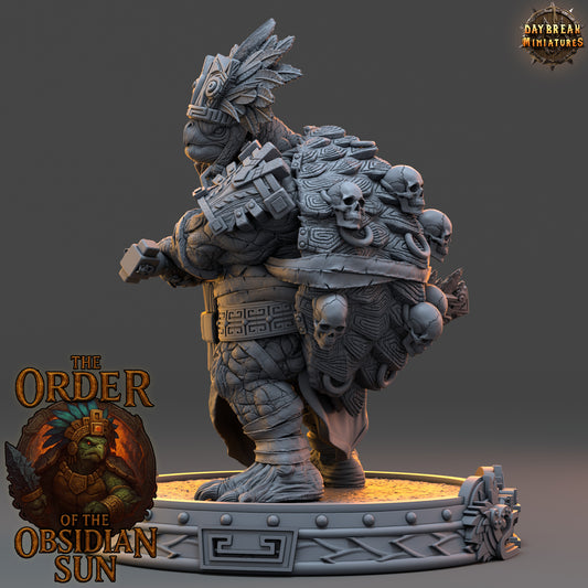 Nacatl Stormer resin miniature, tortle warrior with macuahuitl and spiked shell from the Order of the Obsidian Sun for TTRPG campaigns.