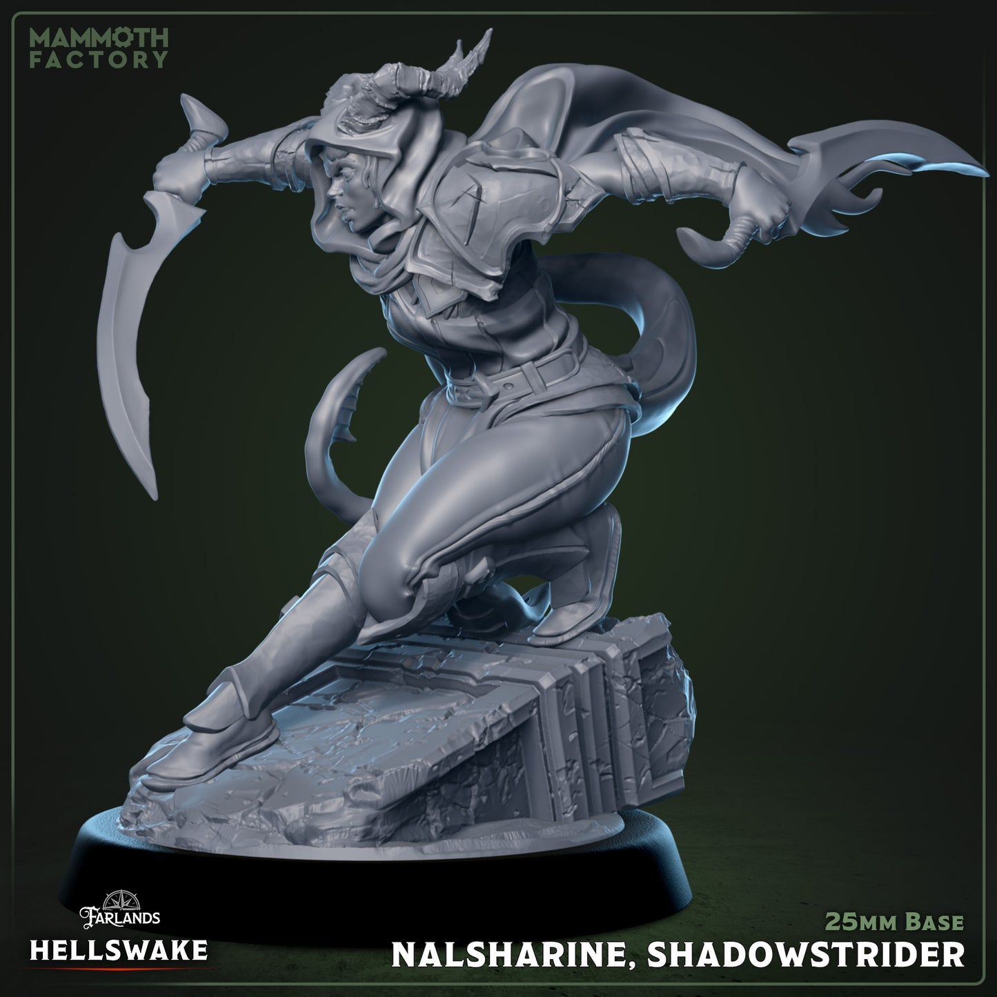 Nalsharine Shadowstrider resin miniature on 25 mm base — dynamic dual-blade rogue crouched in motion for tabletop RPGs.