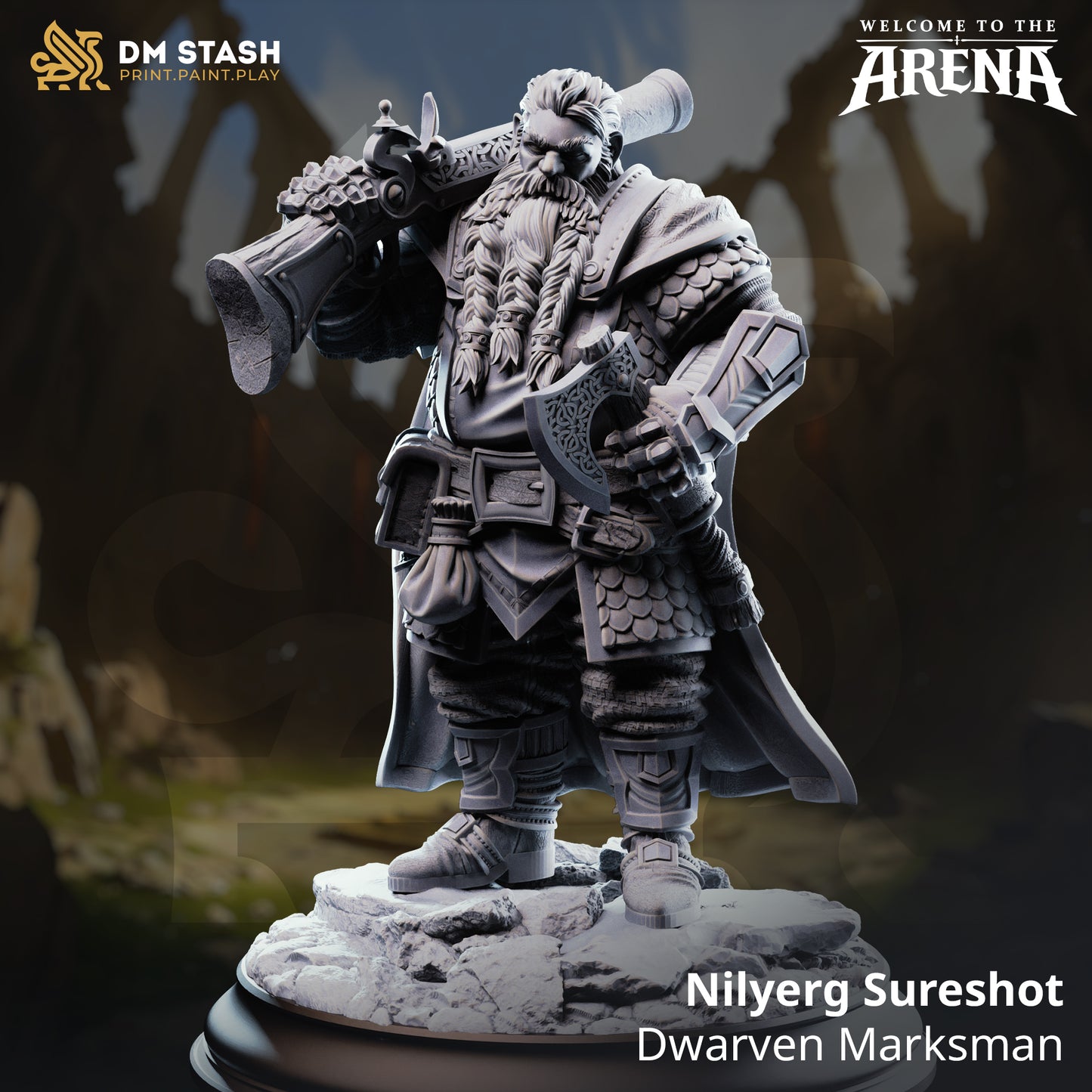 Nilyerg Sureshot, a Dwarven Marksman resin miniature by DM Stash, carrying a large flintlock rifle over his shoulder and a hand axe, wearing detailed scale mail.