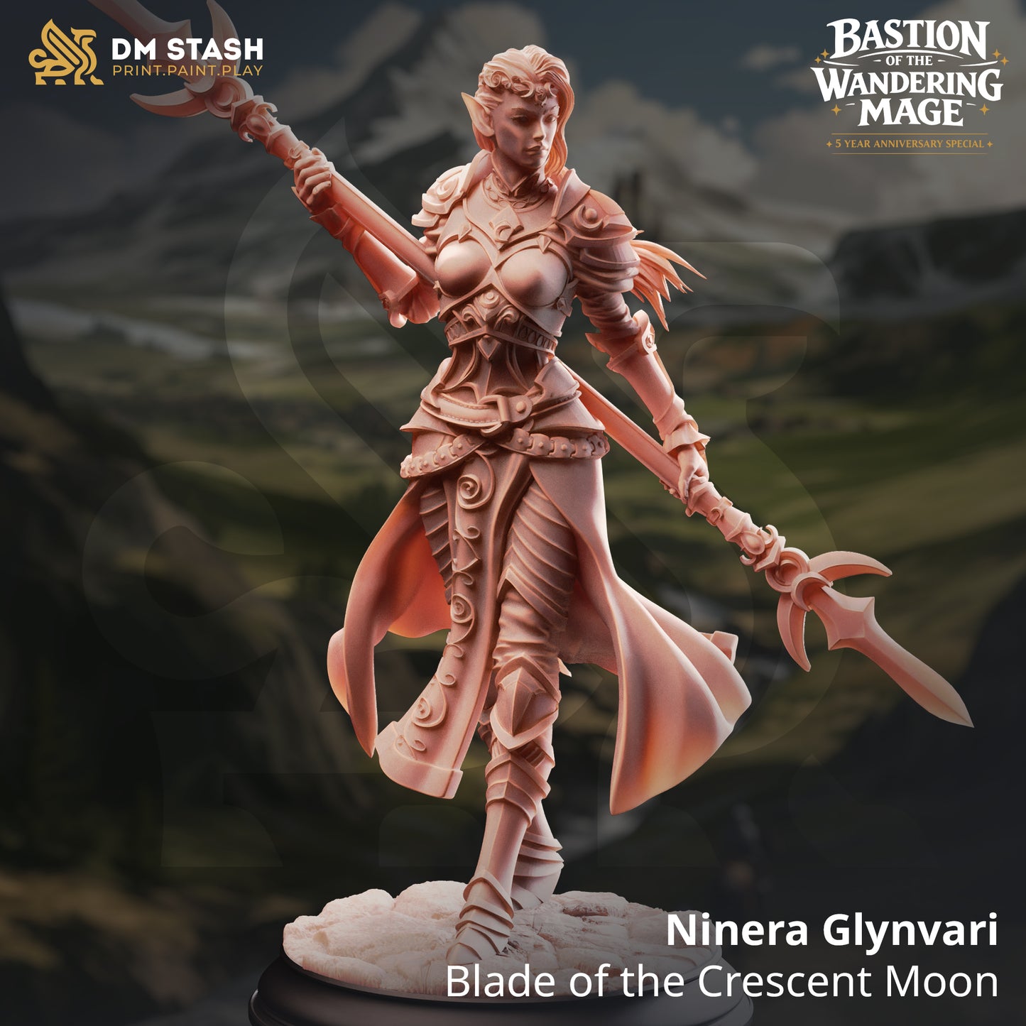 Ninera Glynvari Blade of the Crescent Moon resin miniature by DM Stash resting a double-bladed crescent polearm on her shoulders, printed by D&K Custom Prints.