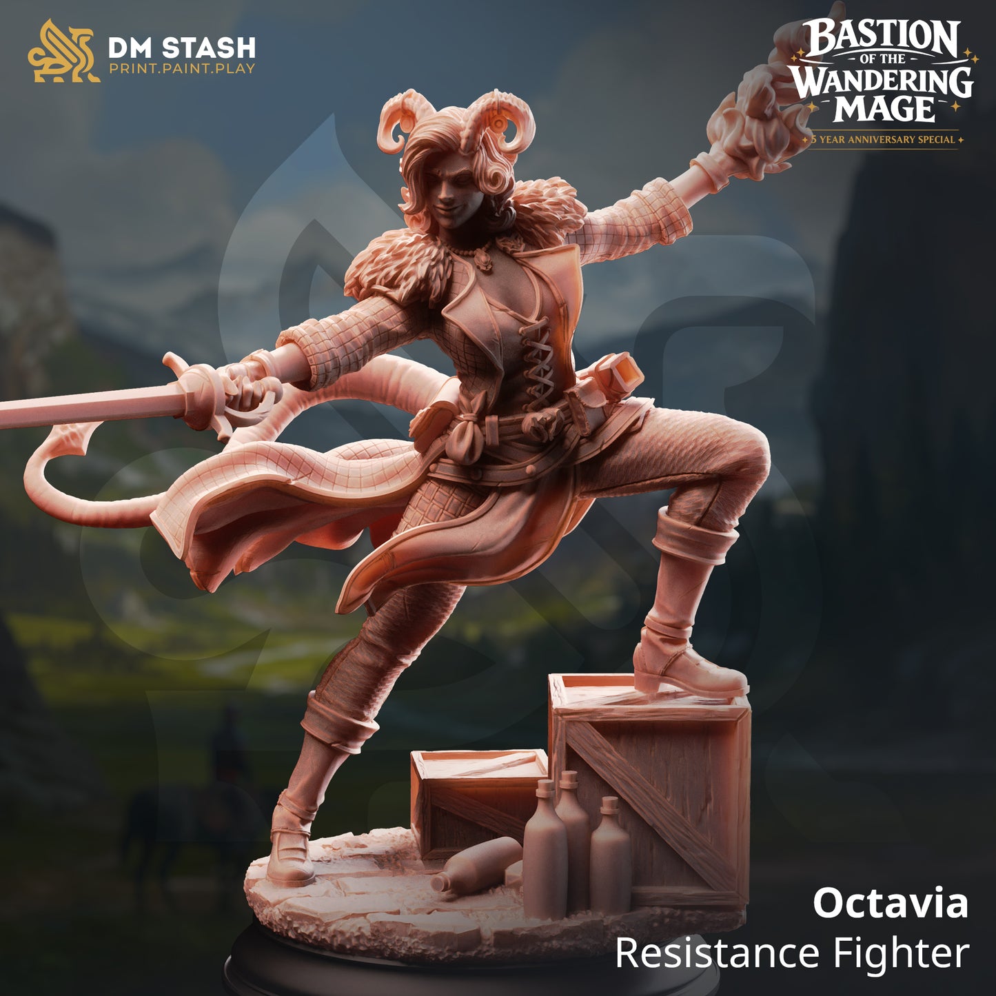 Octavia Resistance Fighter Tiefling resin miniature by DM Stash posing on crates with a rapier and fire spell, printed by D&K Custom Prints.