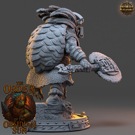 Ohuican Shellbreaker resin miniature, tortle warlord with obsidian axe and shield from the Order of the Obsidian Sun, 32mm and 54mm TTRPG scales.