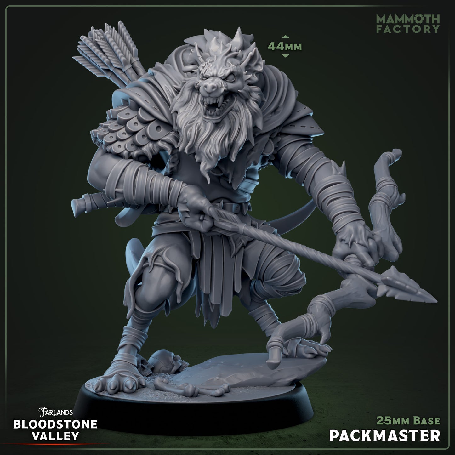Packmaster Gnoll resin miniature 3D print from Bloodstone Valley, fantasy monster figure with spear on 25mm base, available DIY kit, raw, primed, or painted.