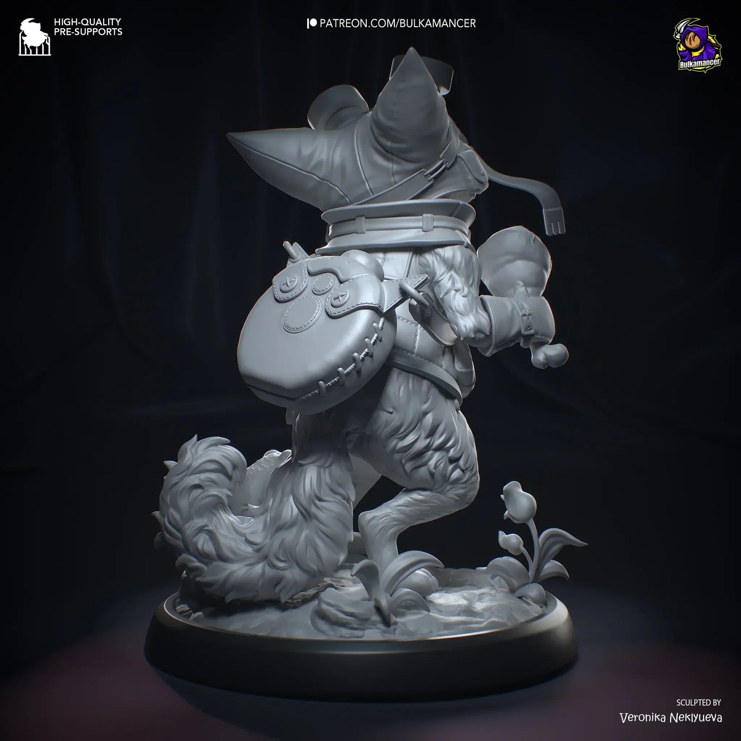 Gray sculpture of a fantasy character on a dark background