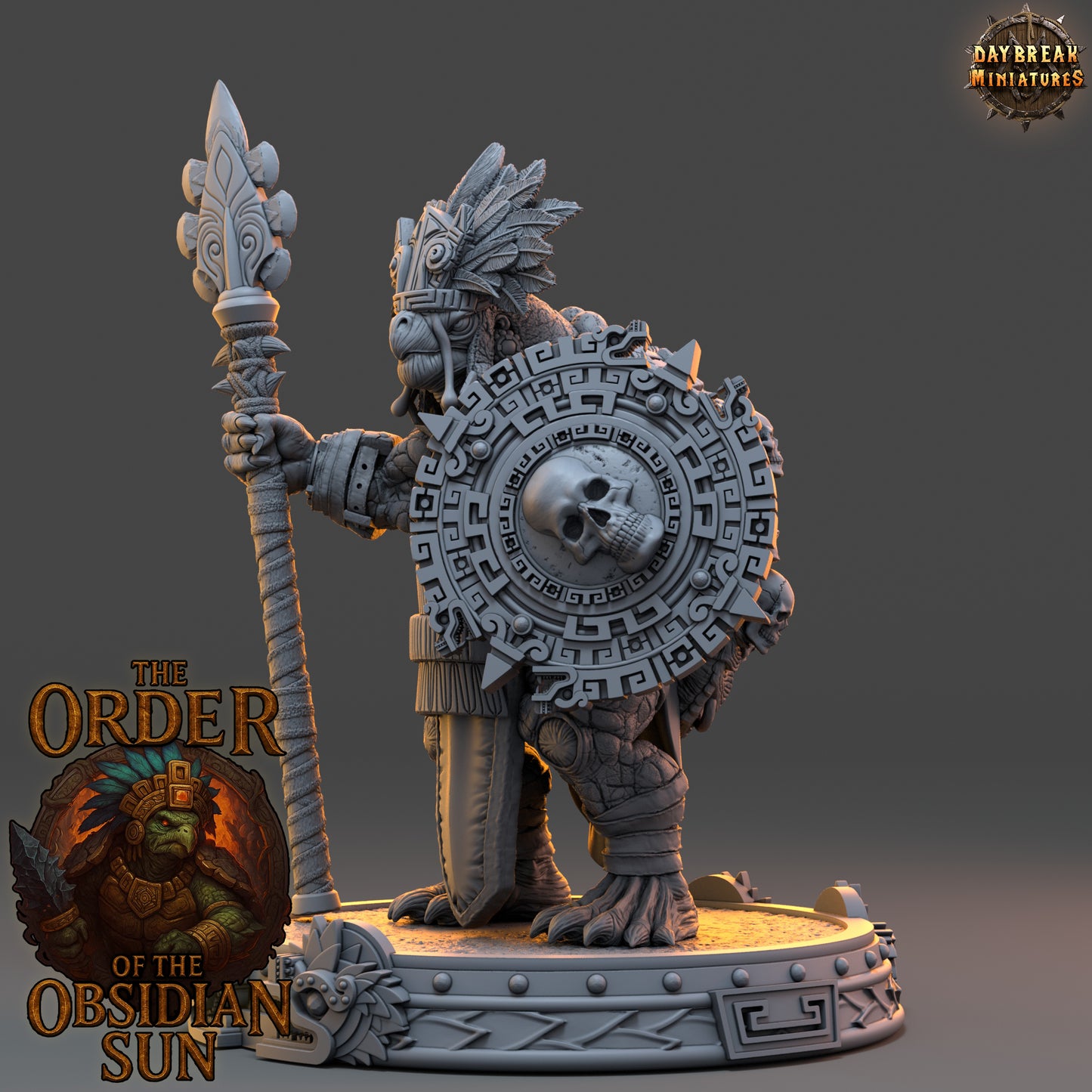 Quenacoatl the Sun Warden resin miniature, tortle guardian with spear and skull shield from the Order of the Obsidian Sun in 32mm and 54mm scales.