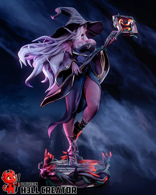 Recluse fantasy witch figure side view with swirling dress